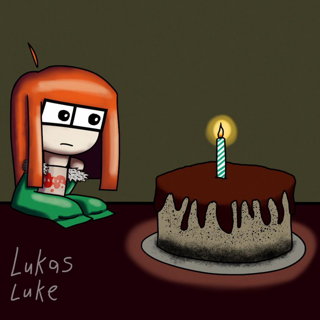 Futaba Sakura from Persona 5 depicted as a TBH/Autsim creature staring at a cookies n creme birthday cake.