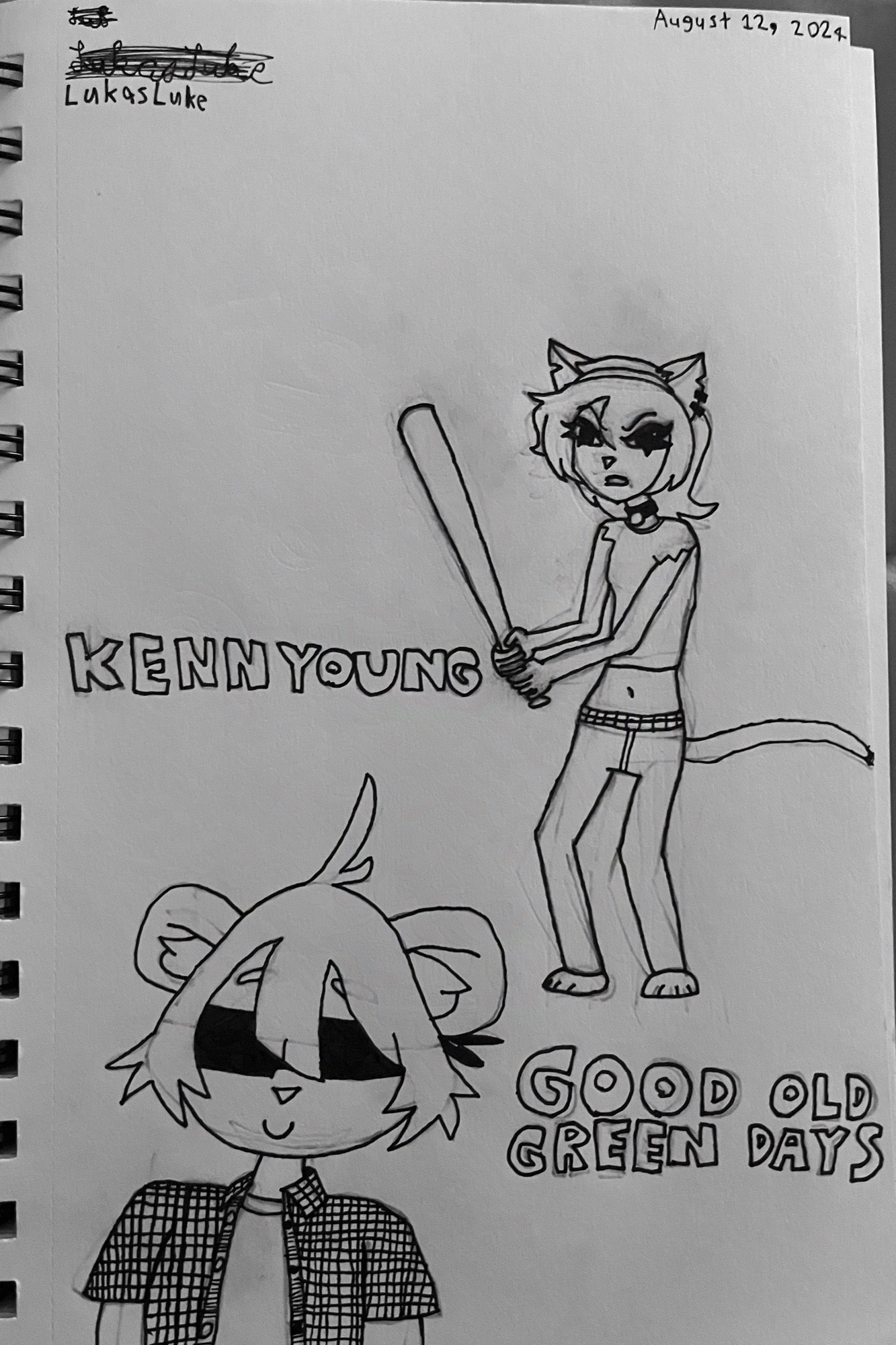 Sketch of cat about to hit Kennyoung with a baseball bat