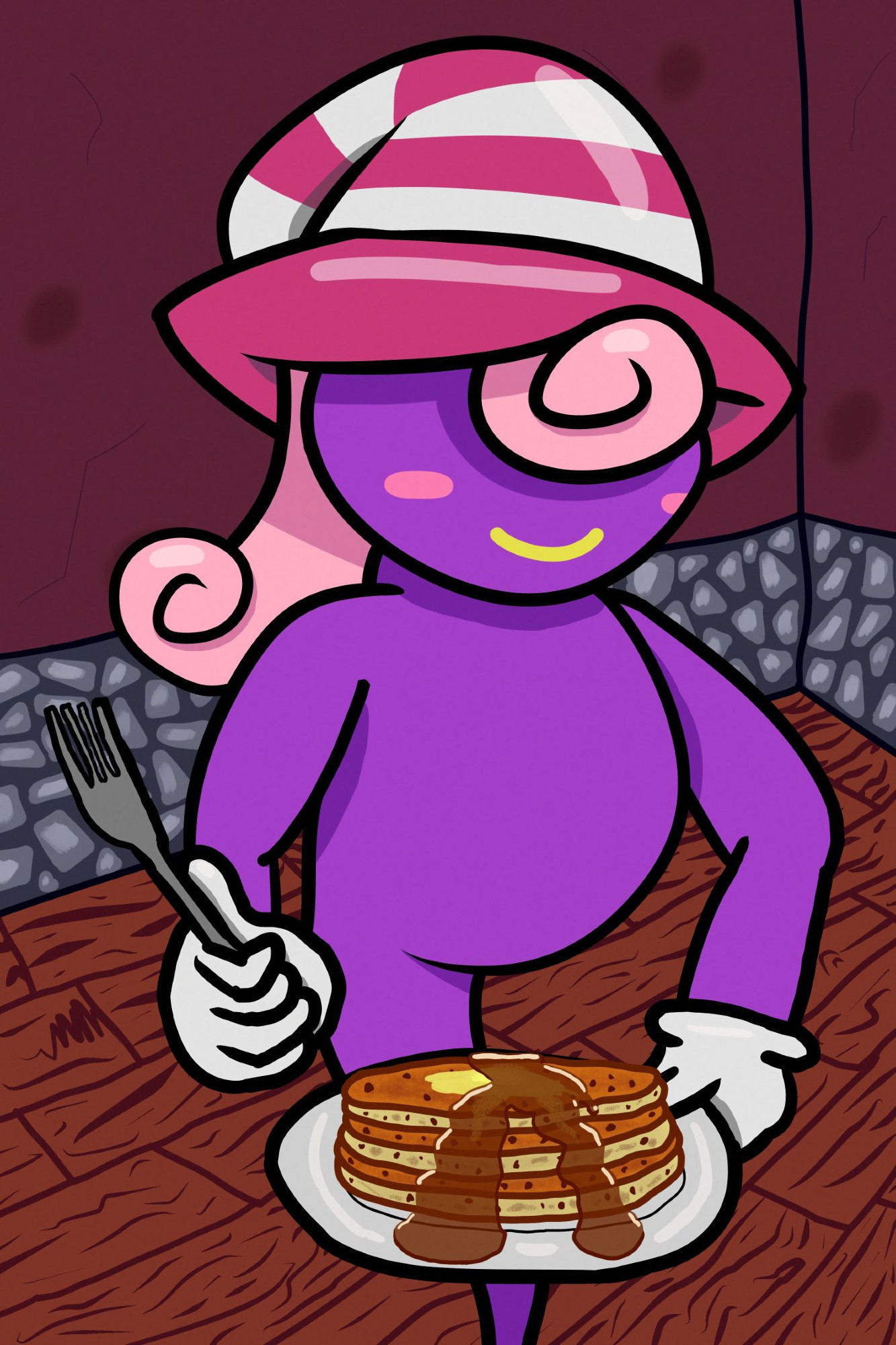 Vivian from Paper Mario holding a plate of chocolate chip pancakes.